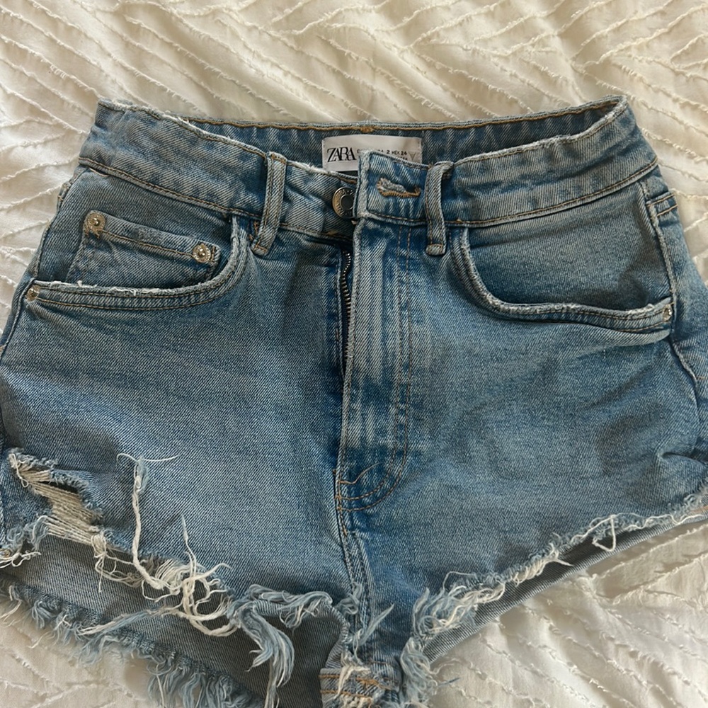 Zara Light Blue Distressed Denim Jean Shorts